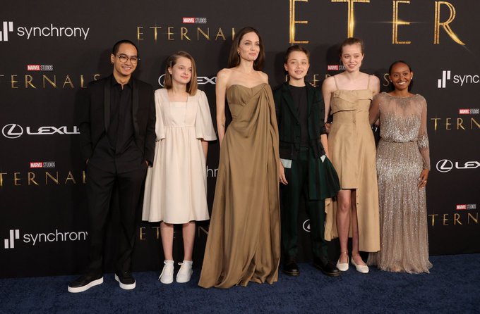 Angelina Jolie and her kids Shiloh and Zahara attend the ‘Eternals’ cast party